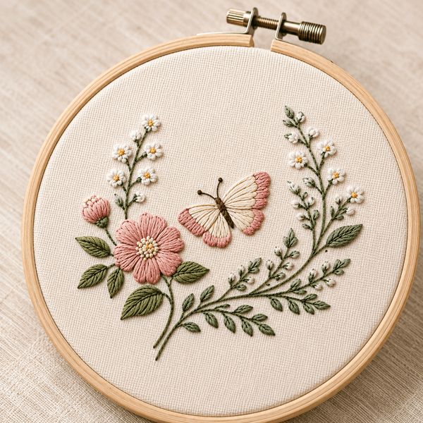 Bordado floral intermediário finalizado no bastidor